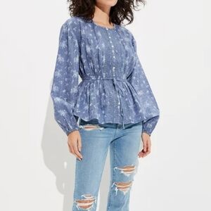 AE Long-Sleeve Tie-Front Tunic Blue Floral Boho Style Blouse